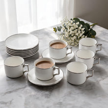 White Porcelain Espresso Cup and Saucer Set with Silver Rim - 12 Piece