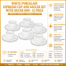 White Porcelain Espresso Cup and Saucer Set with Silver Rim - 12 Piece