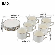 White Porcelain Espresso Cup and Saucer Set with Silver Rim - 12 Piece