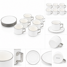 White Porcelain Espresso Cup & Saucer Set with Silver Rim – 12 Piece