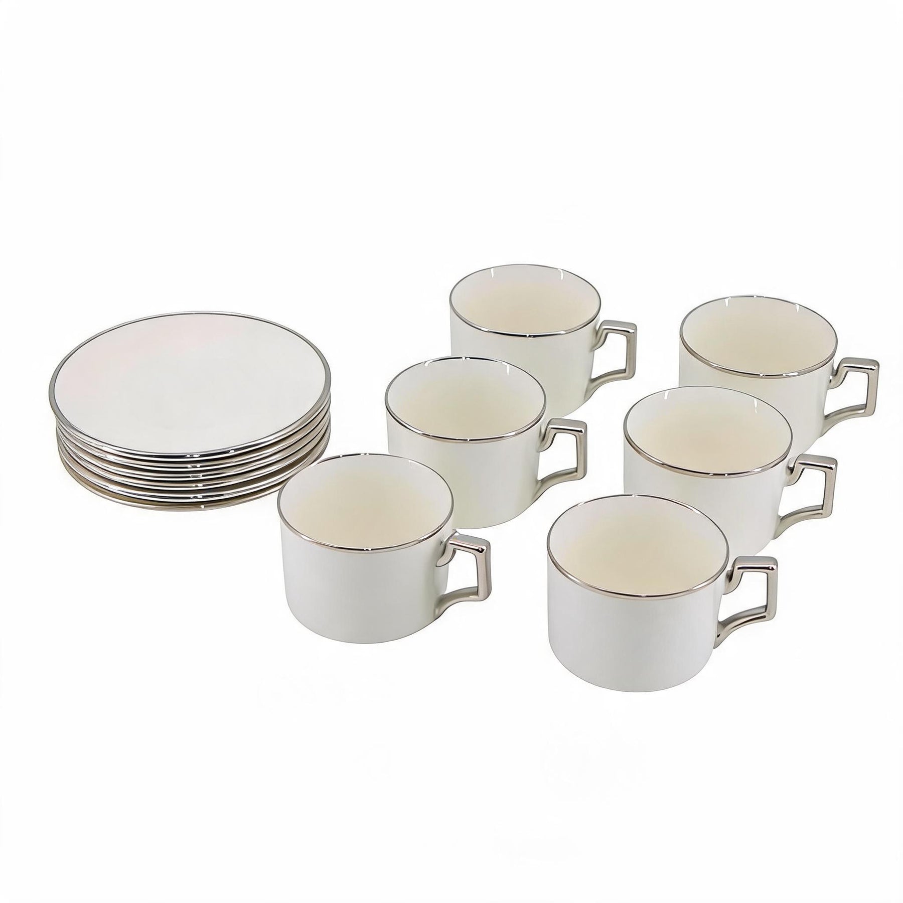 White Porcelain Espresso Cup and Saucer Set with Silver Rim - 12 Piece
