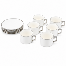 White Porcelain Espresso Cup and Saucer Set with Silver Rim - 12 Piece