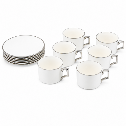 White Porcelain Espresso Cup and Saucer Set with Silver Rim - 12 Piece