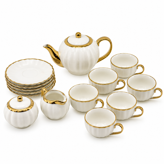 White Porcelain Tea Set with Gold Trim - 17 Piece