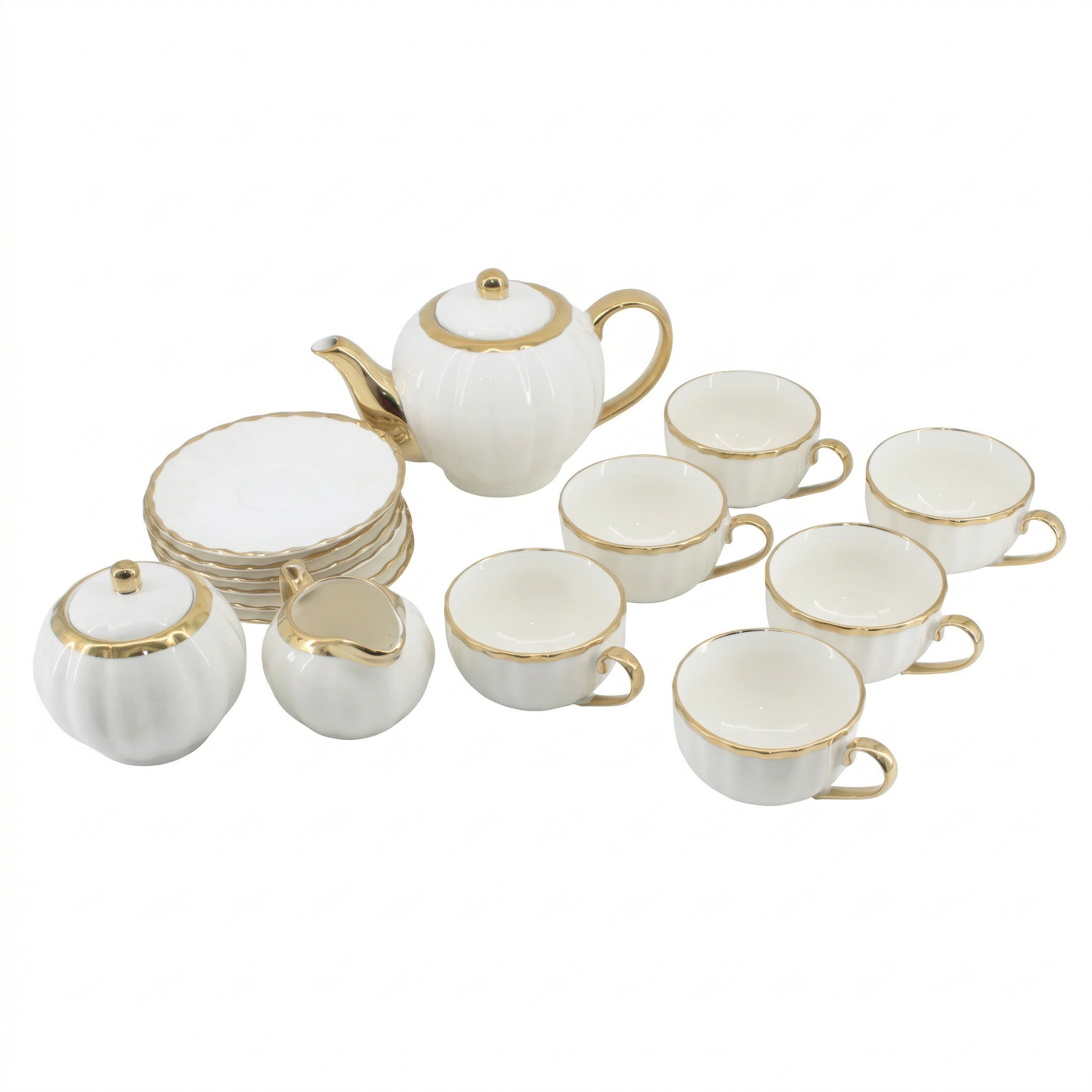 White Porcelain Tea Set with Gold Trim - 17 Piece