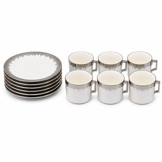 Refined White Cup and Saucer Collection with Silver Brush Rim - 12 Piece