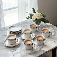 Refined White Cup and Saucer Collection with Silver Brush Rim - 12 Piece