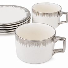 Refined White Cup and Saucer Collection with Silver Brush Rim - 12 Piece