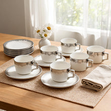 Refined White Cup and Saucer Collection with Silver Brush Rim - 12 Piece