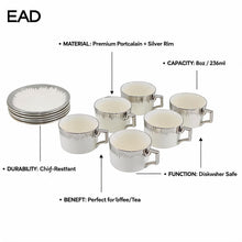 Refined White Cup and Saucer Collection with Silver Brush Rim - 12 Piece