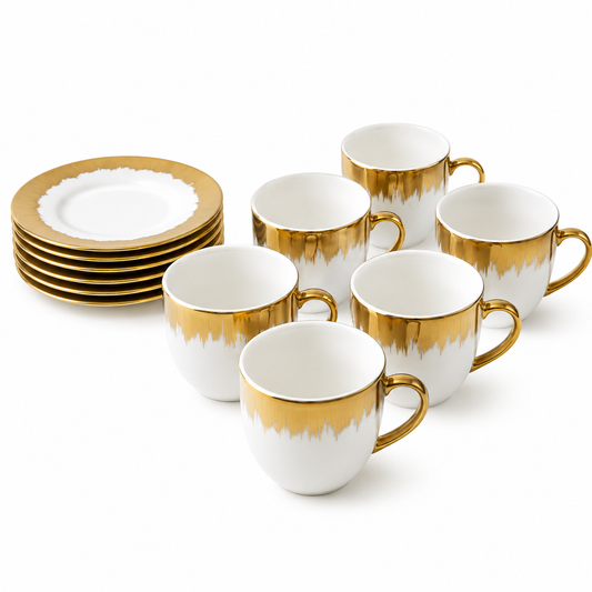 Refined White Cup and Saucer Collection with Gold Brush Rim - 12 Piece