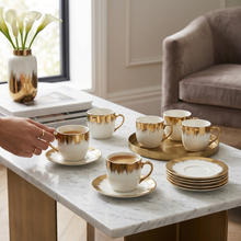 Refined White Cup and Saucer Collection with Gold Brush Rim - 12 Piece