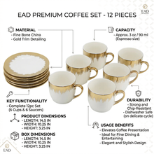 Refined White Cup and Saucer Collection with Gold Brush Rim - 12 Piece