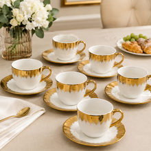 Refined White Cup and Saucer Collection with Gold Brush Rim - 12 Piece