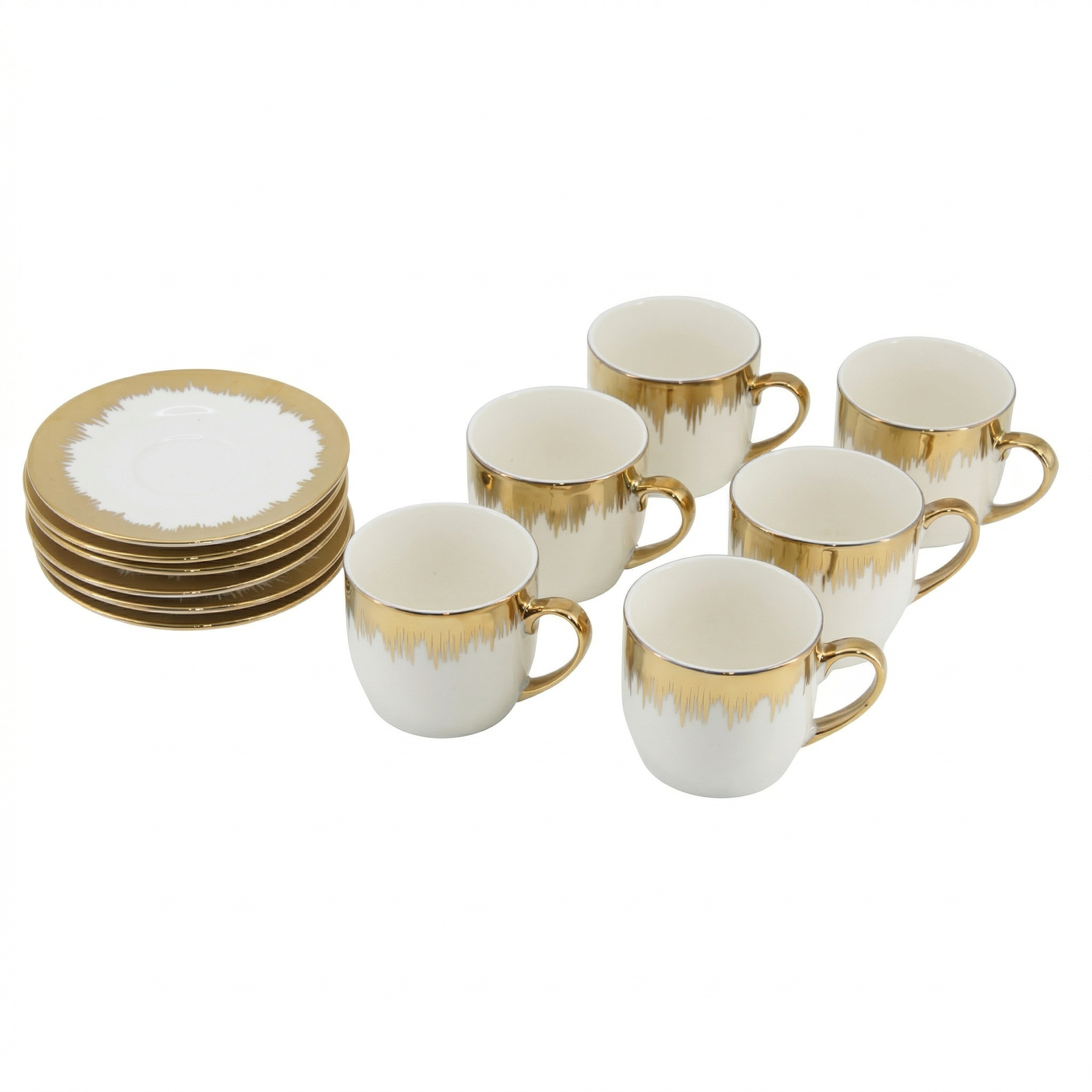 Refined White Cup and Saucer Collection with Gold Brush Rim - 12 Piece