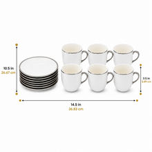 Contemporary White Cup & Saucer Set with Silver Detailing – 12 Piece Drinkware Set