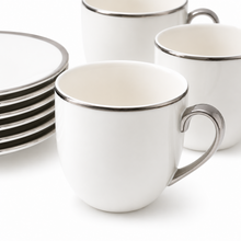 Contemporary White Cup & Saucer Set with Silver Detailing – 12 Piece Drinkware Set