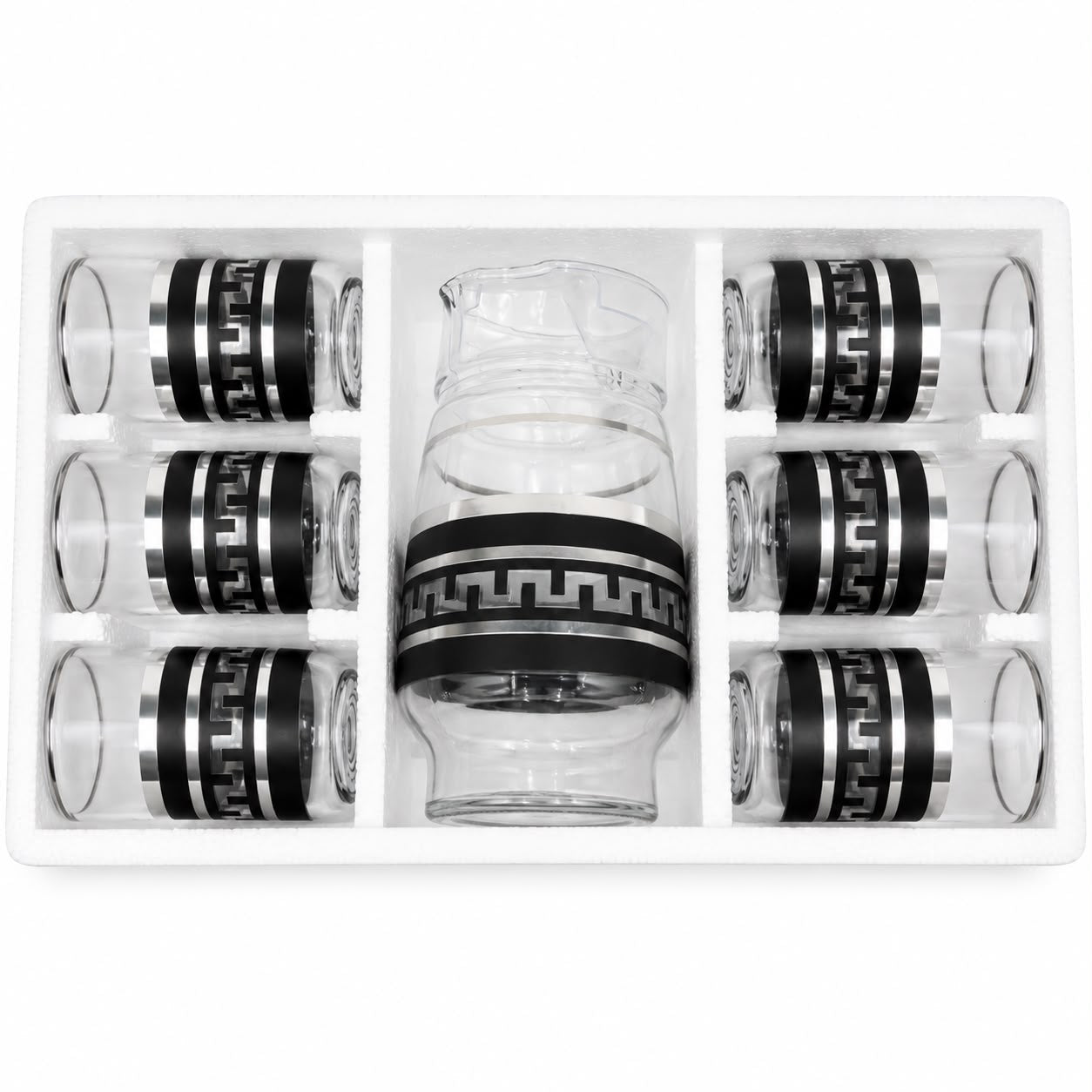 Decorative Glass Beverage Serving Set – 1 Pitcher with Lid & 6 Black & Silver Greek Key Glasses
