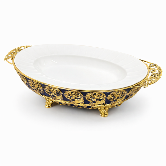 Luxury Oval Ceramic Serving Platter with Ornate Golf Handles - Elegant Design