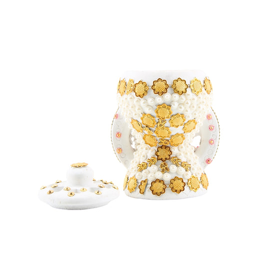 Small White-Gold Traditional Clay Incense Burner - Red Flower