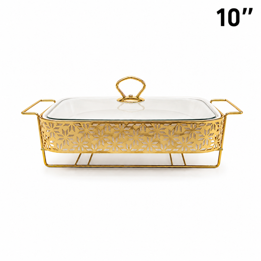 Elegant Star Pattern Gold Rectangular Serving Dish with Glass Lid and Metal Stand - 10"