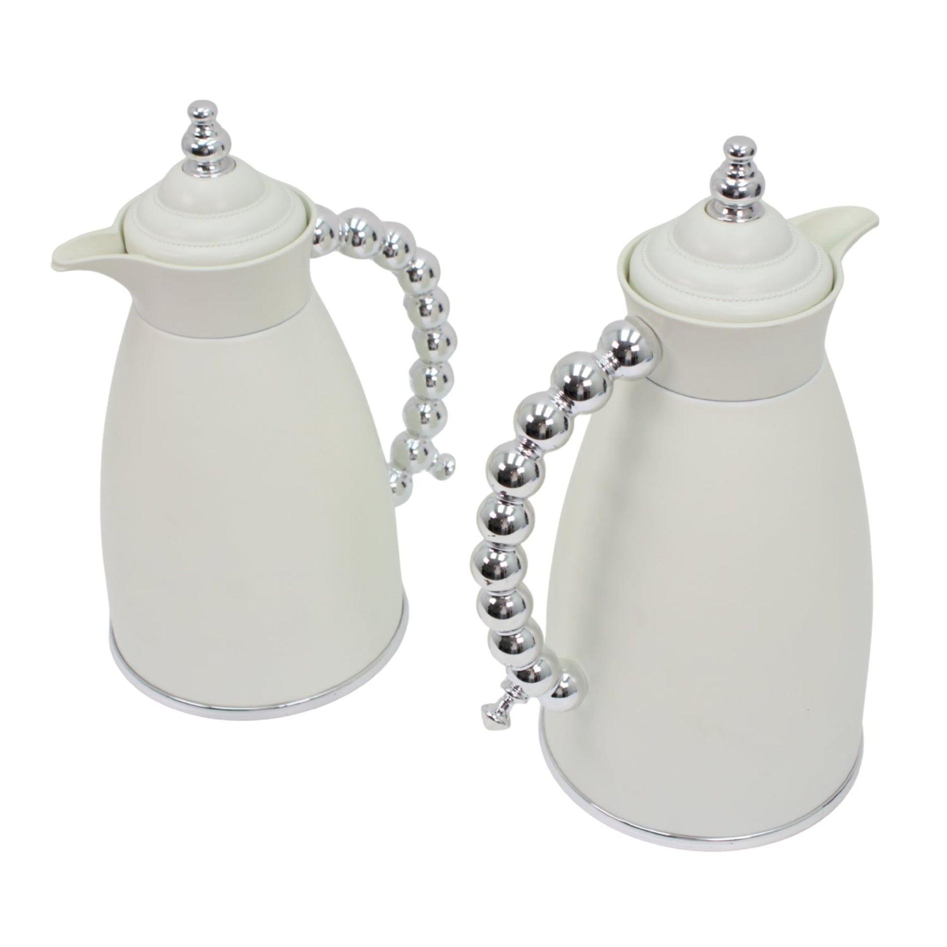 White Arabic Coffee & Tea Dallah Set with Silver Beaded Handle - 0.7L & 1L (2-Piece Set)