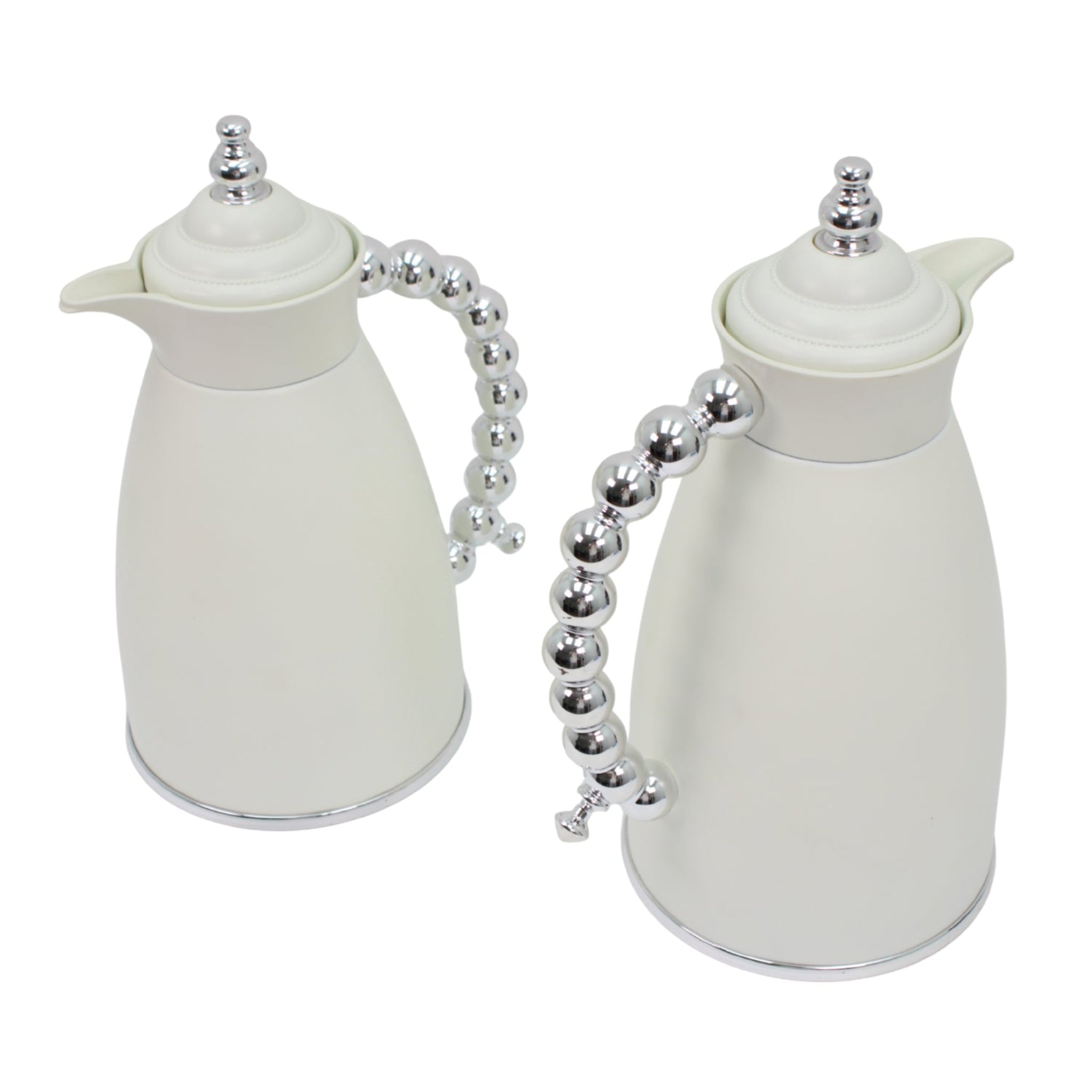 White Arabic Coffee & Tea Dallah Set with Silver Beaded Handle - 0.7L & 1L (2-Piece Set)