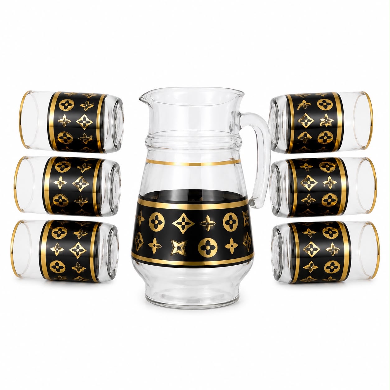 Decorative 7-Piece Glass Juice & Water Serving Set – Black and Gold Glass Pitcher with Matching Cups