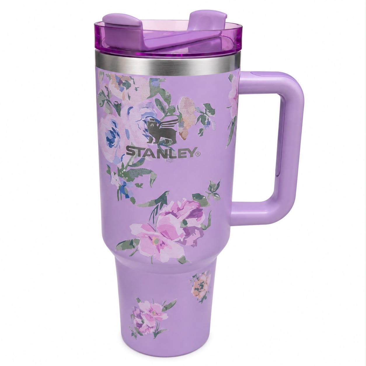 Stanley Quencher-Style Floral Travel Tumbler with Handle & Straw Lid – Lavender Insulated Drink 40-OZ Cup