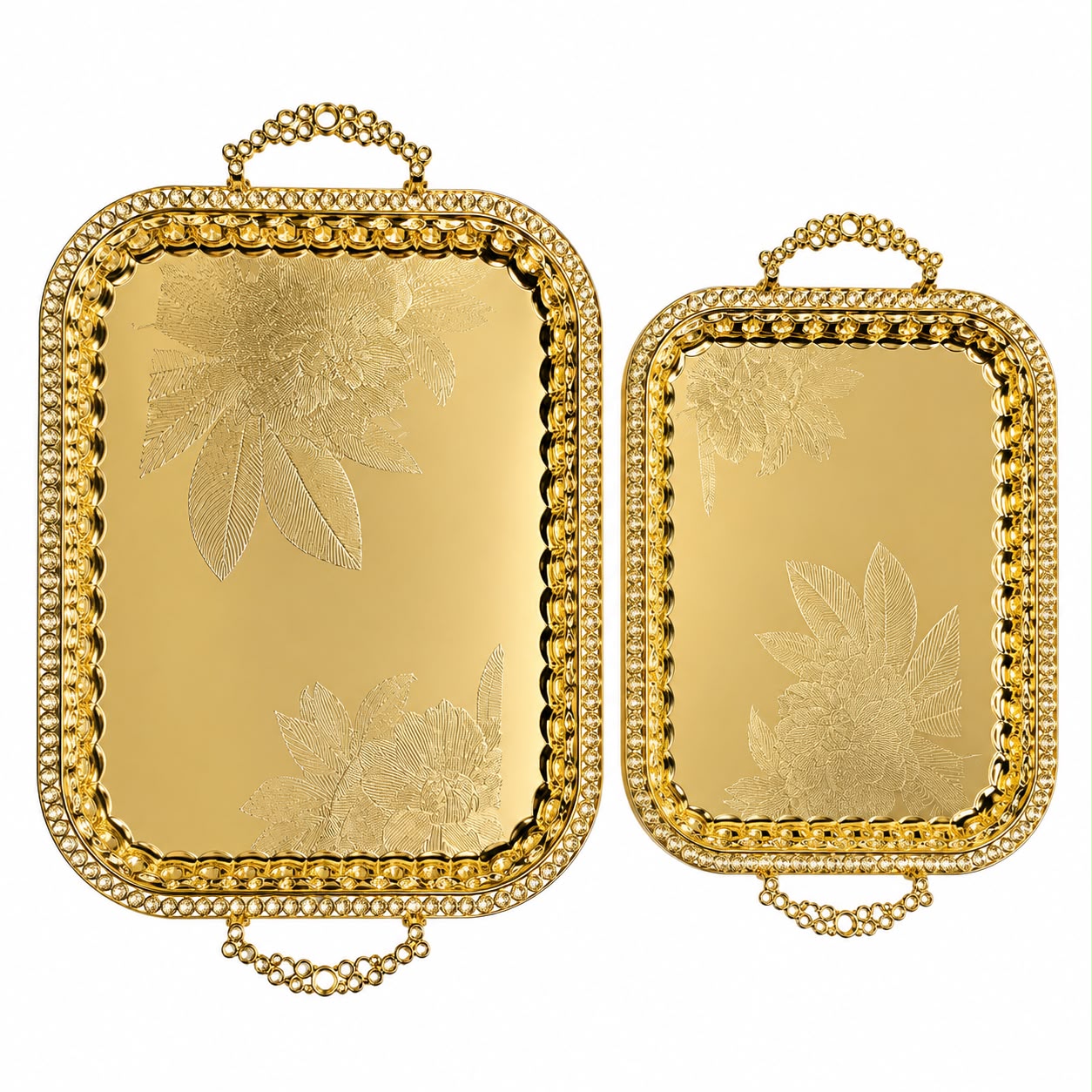 2-Piece Luxury Gold Serving Tray Set with Floral Engraved Design and Decorative Handles
