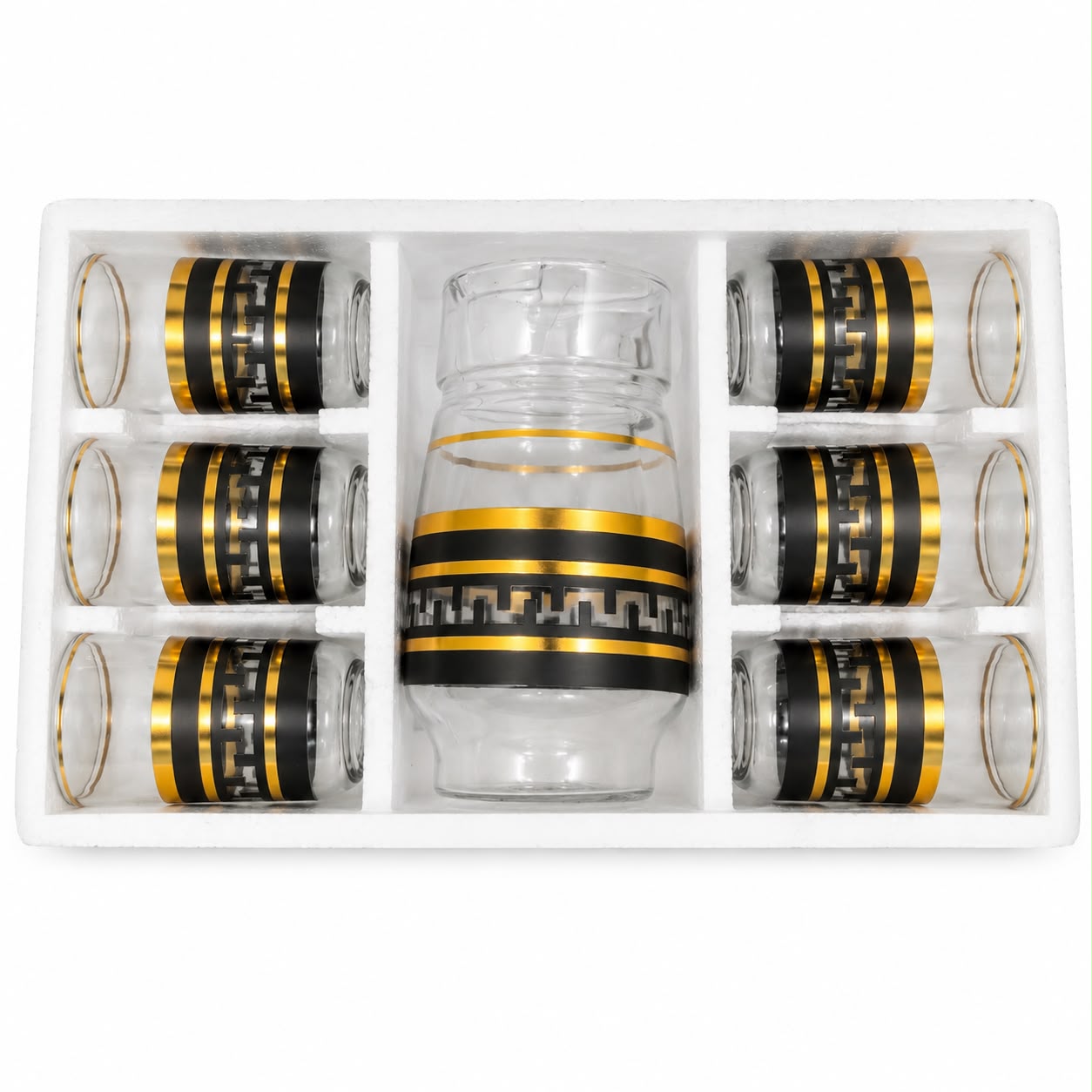 Modern 7-Piece Glass Juice & Water Serving Set – Black & Gold Meander Pattern