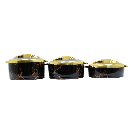 Luxury Black Marble Insulated Hot Pot Serving Bowls with Gold Accented Lid - Set of 3