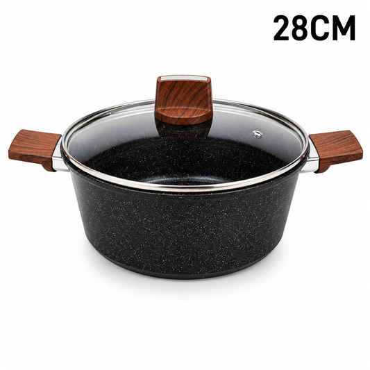 Marble Coated 28CM Dual Wooden Handled Stock Pot with Lid