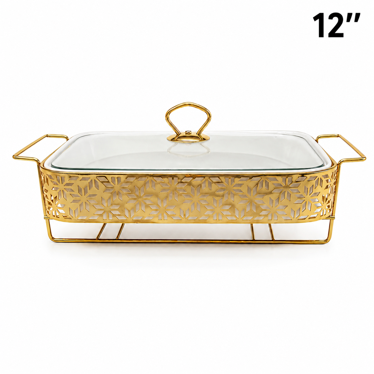 Elegant Star Pattern Gold Rectangular Serving Dish with Glass Lid and Metal Stand - 12"