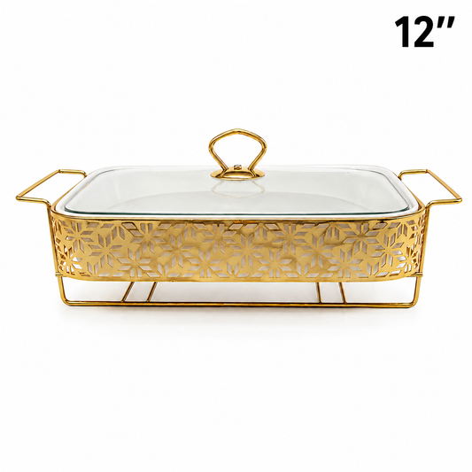 Elegant Star Pattern Gold Rectangular Serving Dish with Glass Lid and Metal Stand - 12"