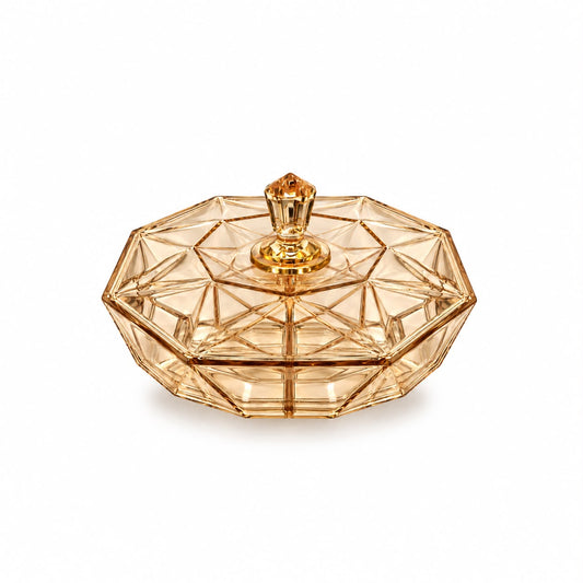 Elegant Light Amber Octagonal Lidded Serving Dish with Geometric Design – 11"