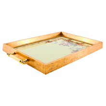 Vintage Floral Glass Serving Tray with Antique Gold Frame & Handles