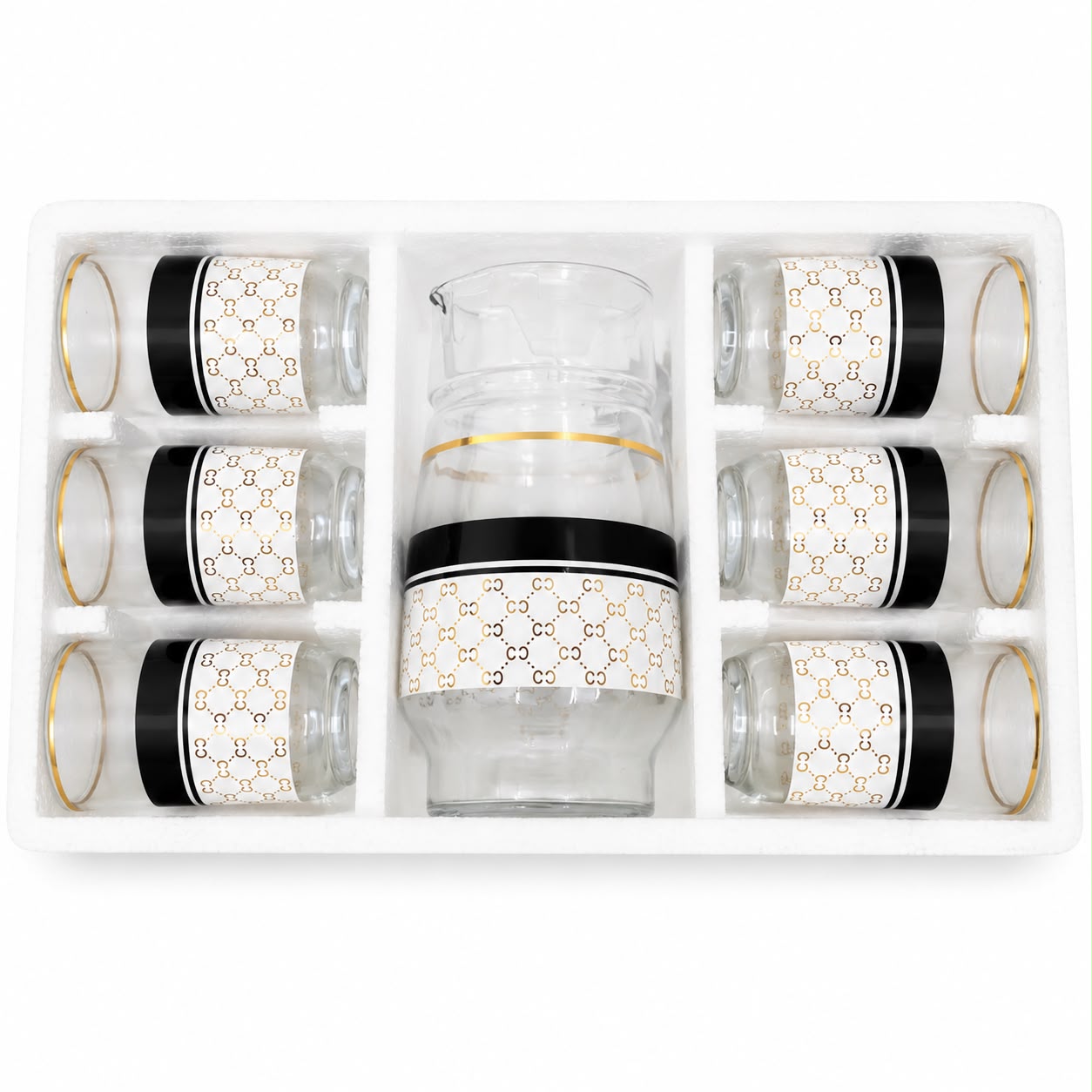 Elegant Glass Drinkware Set with Pitcher and 6 Matching Glasses – White, Black & Gold Design