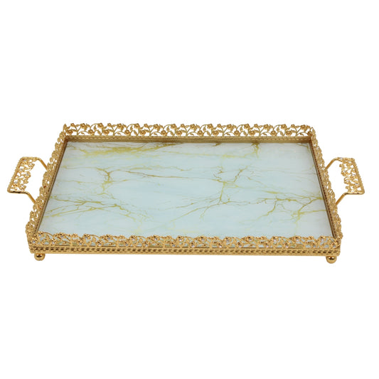 Zeyve Gold Rectangular Mirrored Serving Tray with Ornate Handles - 20" x 12"