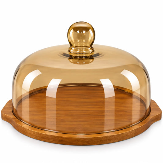 XL Round Wooden Dessert Server with Amber-Tinted Dome Cover – Covered Cake & Pastry Serving Platter