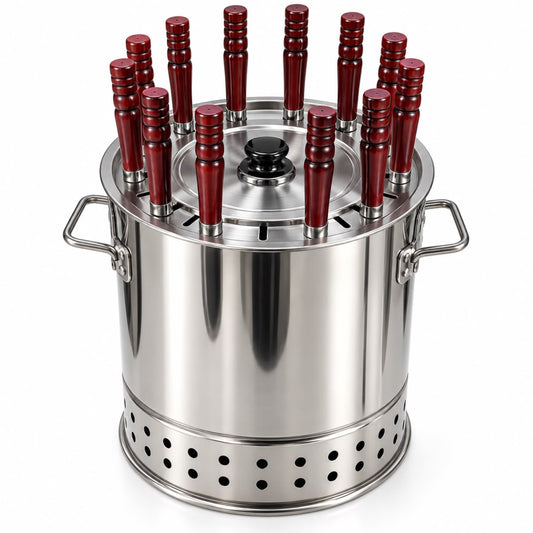 Large Stainless Steel Charcoal BBQ Grill & Skewer Set – Portable Vertical Kabob Grill with Wooden-Handle Skewers, Lid & Accessories