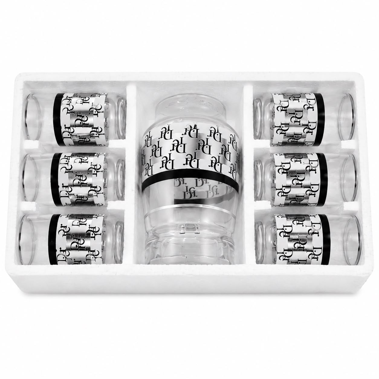 Modern 7-Piece Glass Juice & Water Serving Set – Black & Silver Monogram Pattern