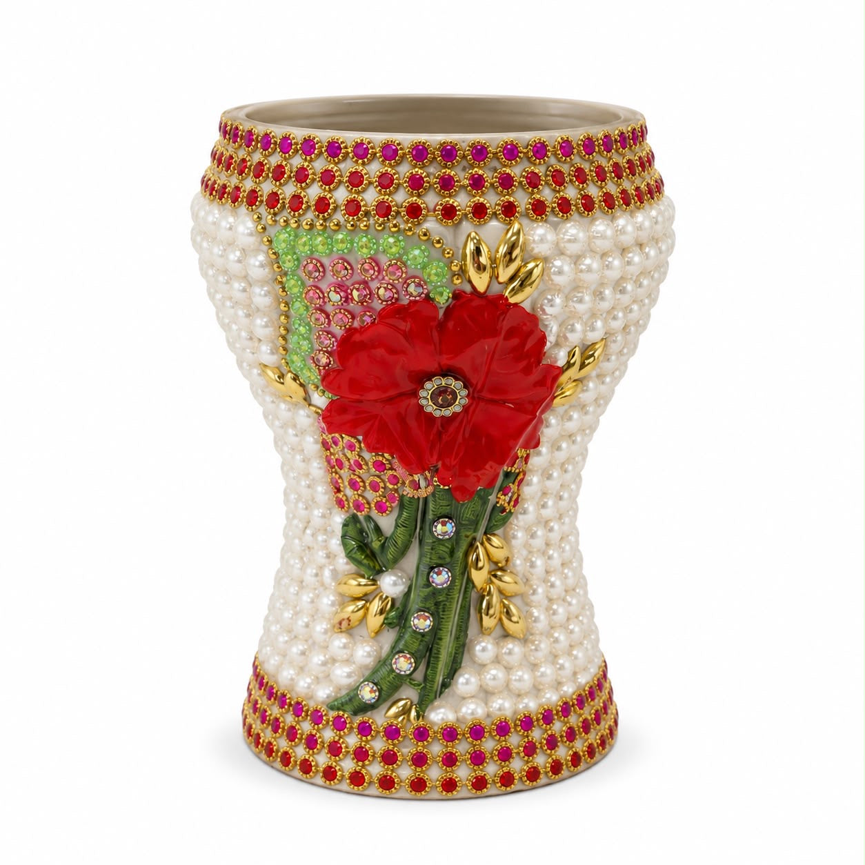 XLarge White-Gold Traditional Clay Incense Burner Red Flower