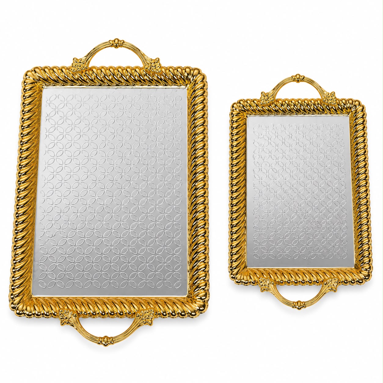 2-Piece Luxury Gold Serving Tray Set with Mirrored Base and Decorative Handles