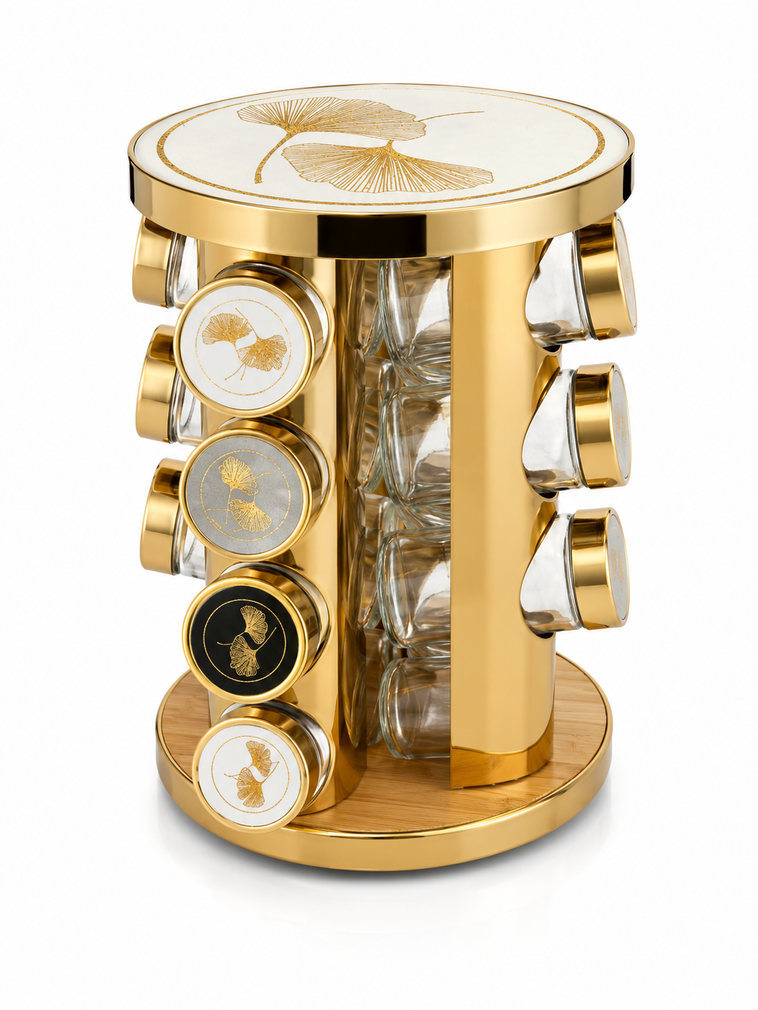 White & Gold Rotating Spice Carousel Rack - 16 Spice Jar Organizer Set