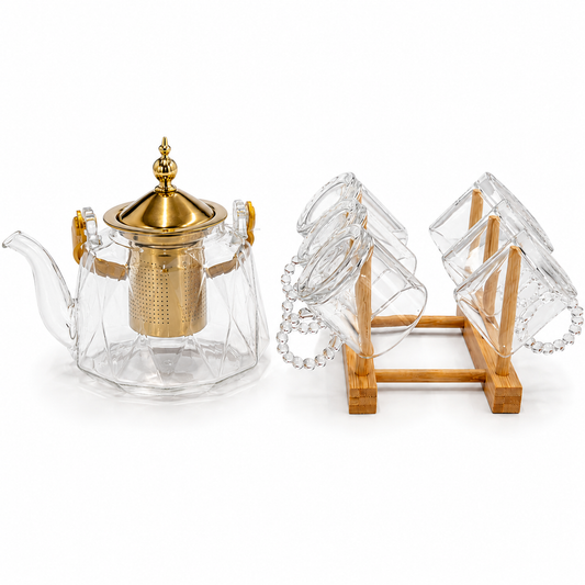 Elegant Clear Glass Teapot Set with Gold Infuser and 6 Beaded Handled Teacups - 7 Piece Collection