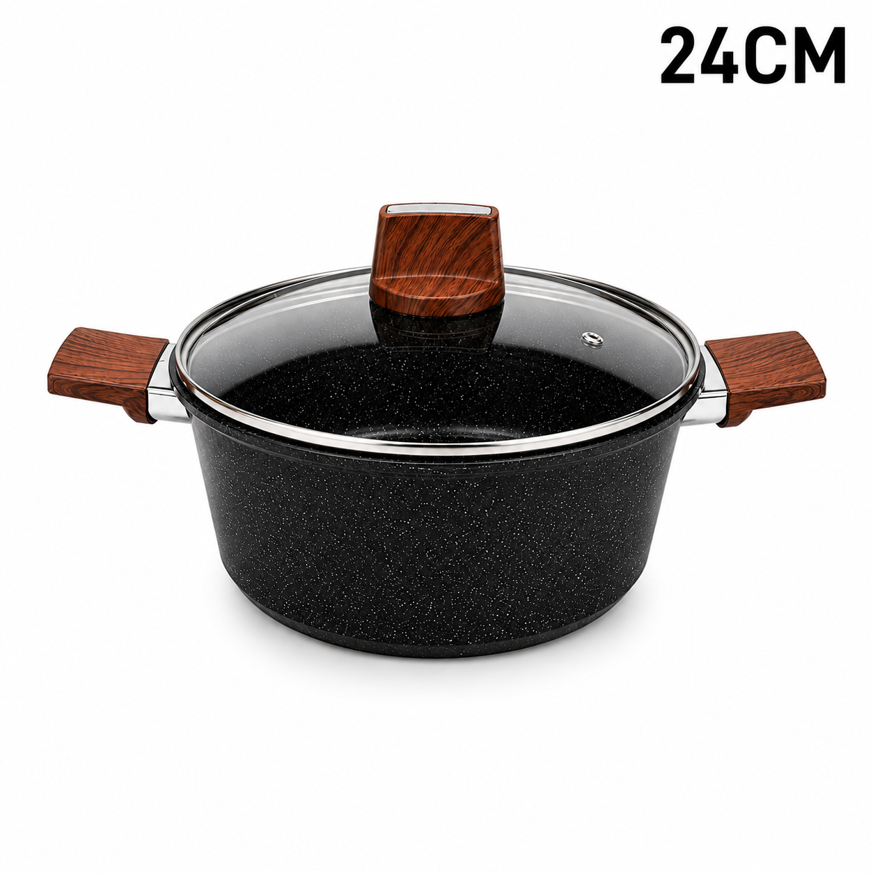 Marble Coated 24CM Dual Wooden Handled Stock Pot with Lid