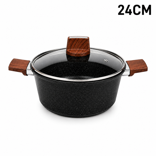 Marble Coated 24CM Dual Wooden Handled Stock Pot with Lid