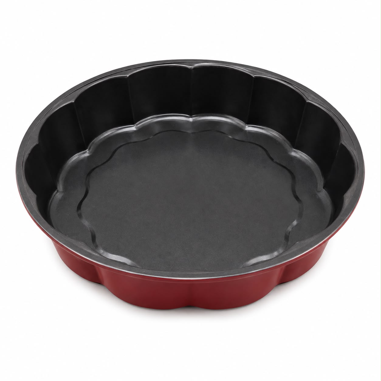 Round Fluted Cake & Baking Pan– Black Interior with Red Exterior, Decorative Scalloped Cake Mold XL