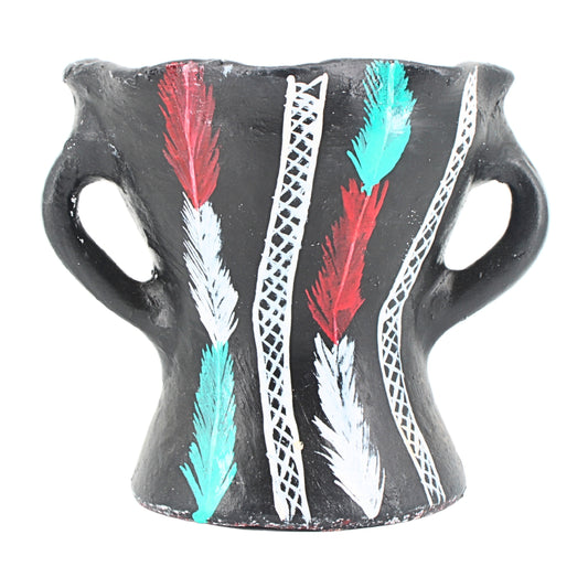 Traditional Decorated Clay Charcoal Holder 9.5" x 7.5" - Black-Red-Teal